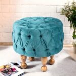 Acacia Wood Accent Round Pouf Stool in Turquoise