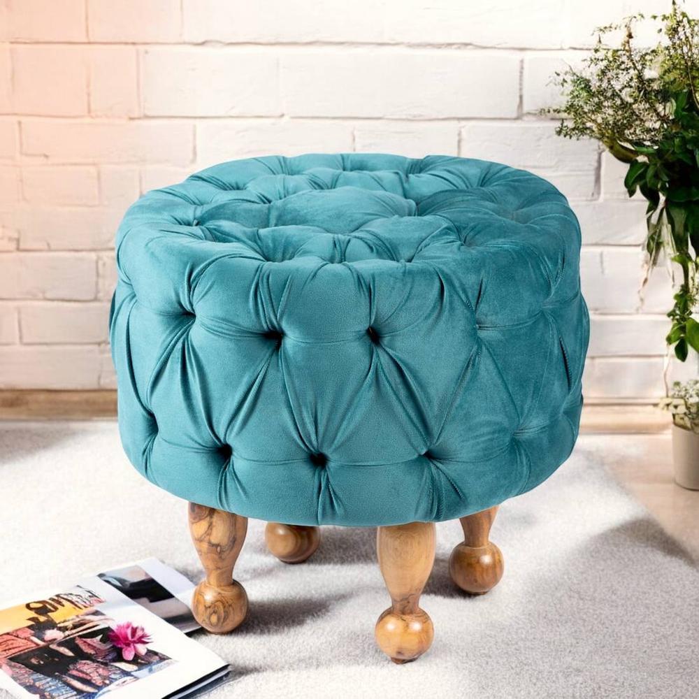 2YipHNFInTm-00Baseimage-(1) Acacia Wood Accent Round Pouf Stool in Turquoise - Image 1