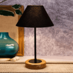 Black Fabric Shade Table Lamp with Natural Wood & Iron Base