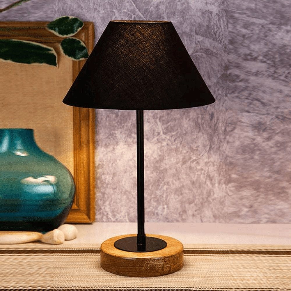 9Bbr1nPloID-00Base-Image-(1) Black Fabric Shade Table Lamp with Natural Wood & Iron Base - Image 1