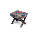 Solid Wood Pouf Stool in Fruit Print Blue Ethnic Kantha fabric