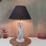 Handmade Distress wooden Table lamp in Vase design in Rustic Bark finish with Black fabric shade