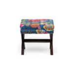 Solid Wood Pouf Stool in Fruit Print Blue Ethnic Kantha fabric - Image 3