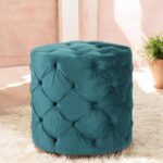 Solid Wood Ottoman Pouffee in Turquoise Sea Velvet