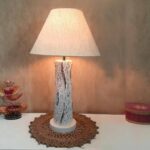 White Handmade Distress wooden Table lamp in Vase design in Rustic Bark finish with Beige fabric shade