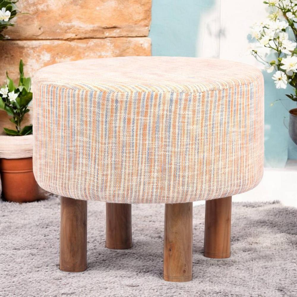 grev-so5BRV-FVSTOT62OR24799 Solid Wood Ottoman Pouffee in Stripe Orange Jackard fabric - Image 1