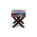 Solid Wood Pouf Stool in Fruit Print Blue Ethnic Kantha fabric - Image 2
