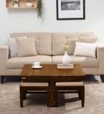 Sheesham Wood Nesting Coffee Table Set In Scratch Resistant Provincial Teak Finish With Cushioned Stools