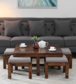 Sheesham Wood Nesting Coffee Table Set in Provincial Teak Finish With Cushioned Stools