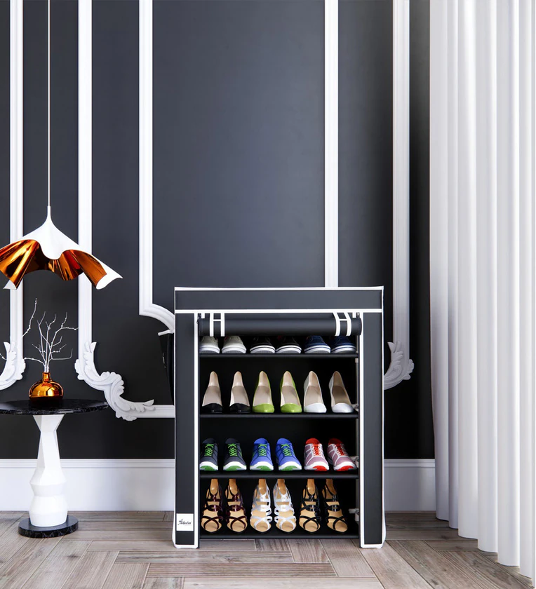 shoe-rack-with-4-shelves-and-cover-in-black-colour-by-fabura-shoe-rack-with-4-shelves-and-cover-in-b-vo3s8h Fabric Open Shoe Rack in Black Finish - Image 1