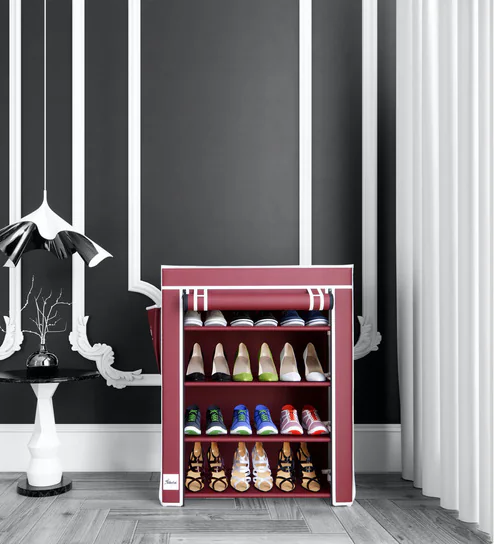 shoe-rack-with-4-shelves-and-cover-in-maroon-colour-by-fabura-shoe-rack-with-4-shelves-and-cover-in--xvbuhs Shoe Rack with 4 Shelves & Cover in Maroon Colour - Image 1