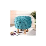Acacia Wood Accent Round Pouf Stool in Turquoise - Image 3